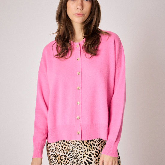 pink cardigan with collar and rib detailing