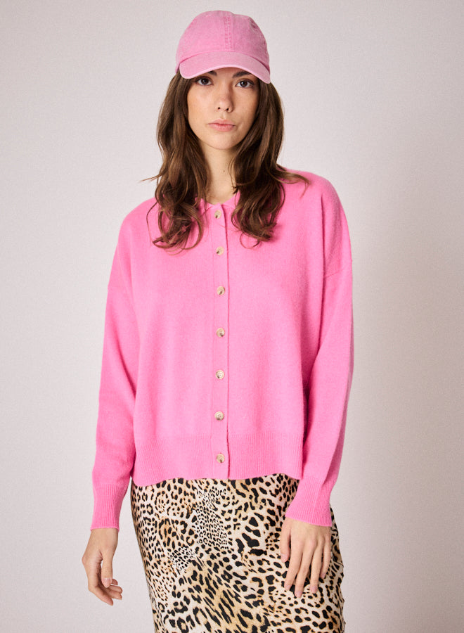 pink cardigan with collar and rib detailing