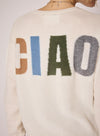 cream round neck jumper with ciao on the rear in colour print close up of rear
