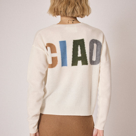 cream round neck jumper with ciao on the rear in colour print rear view