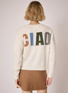 cream round neck jumper with ciao on the rear in colour print rear view