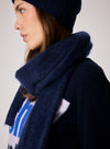 navy fluffy textured scarf close up