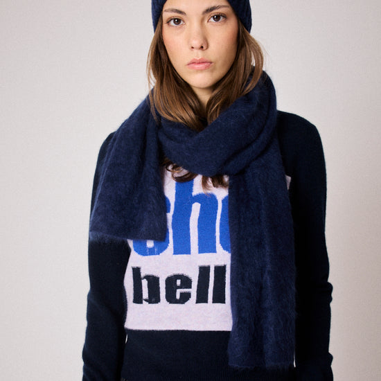 navy fluffy textured scarf model shot