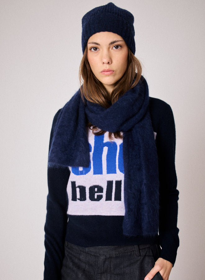 navy fluffy textured scarf model shot