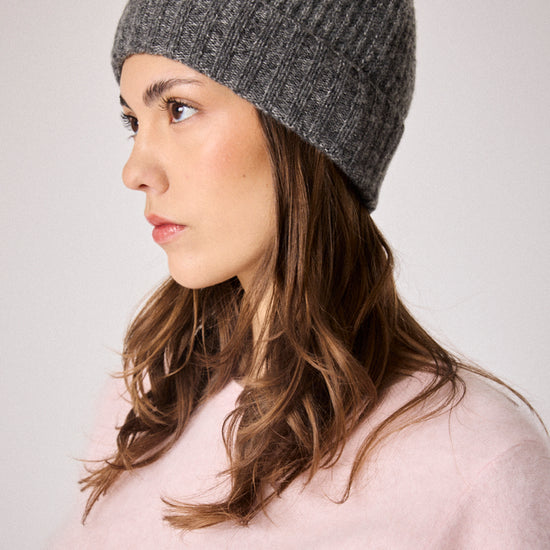 grey beanie hat with ribbing side view