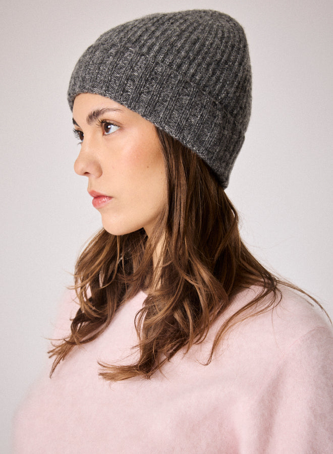 grey beanie hat with ribbing side view