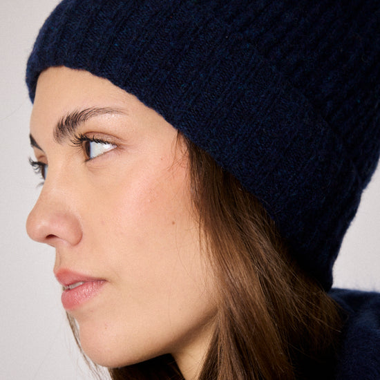 navy beanie hat with ribbing close up