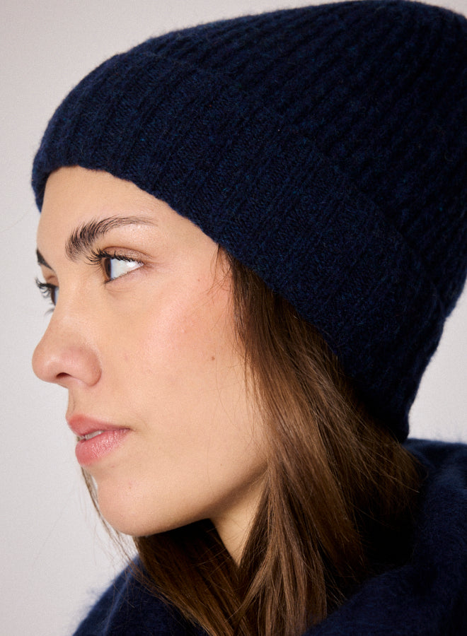navy beanie hat with ribbing close up