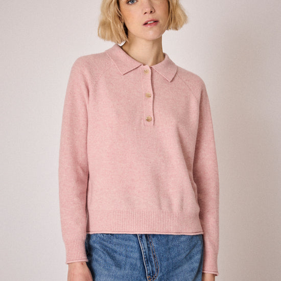 baby pink knit with collar, half button placket and rib detailing