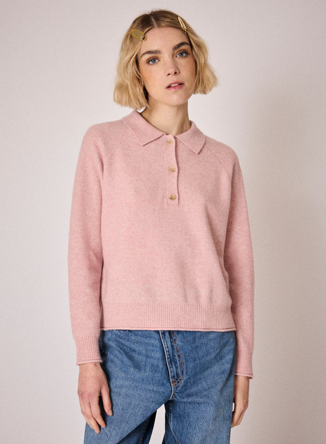 baby pink knit with collar, half button placket and rib detailing