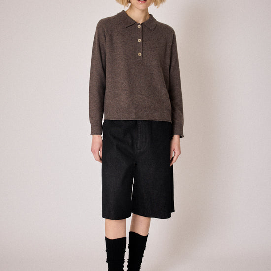 brown knit with collar, half button placket and rib detailing model shot