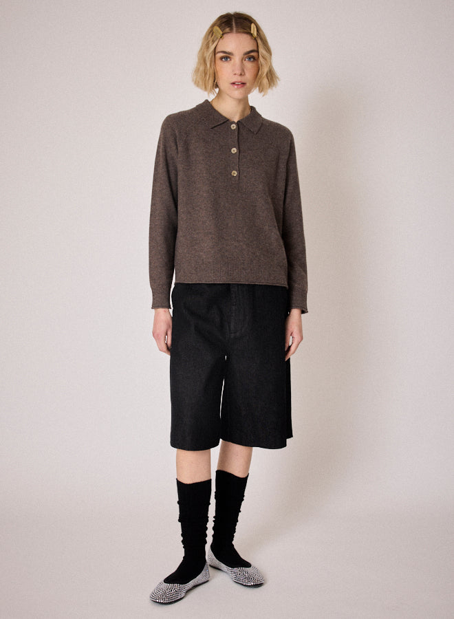 brown knit with collar, half button placket and rib detailing model shot
