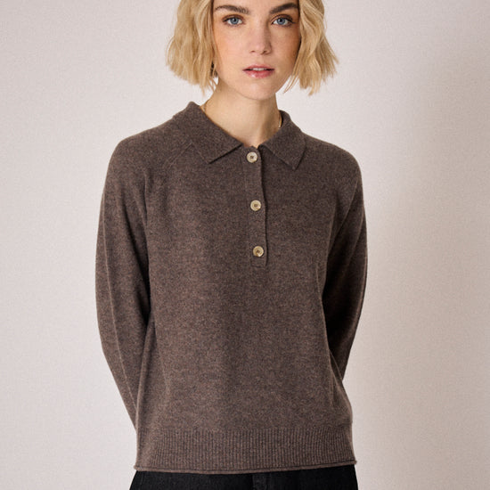 brown knit with collar, half button placket and rib detailing