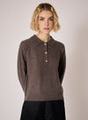 brown knit with collar, half button placket and rib detailing