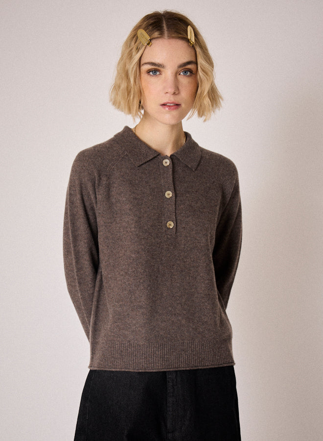brown knit with collar, half button placket and rib detailing