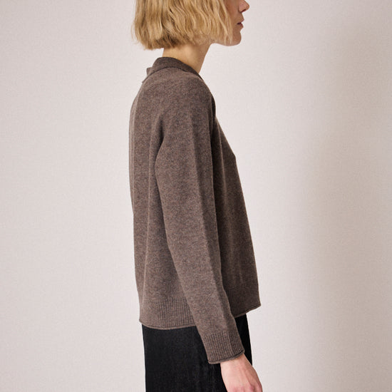 brown knit with collar, half button placket and rib detailing side view