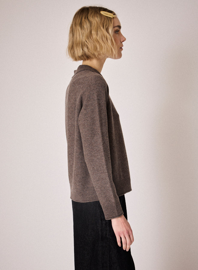 brown knit with collar, half button placket and rib detailing side view