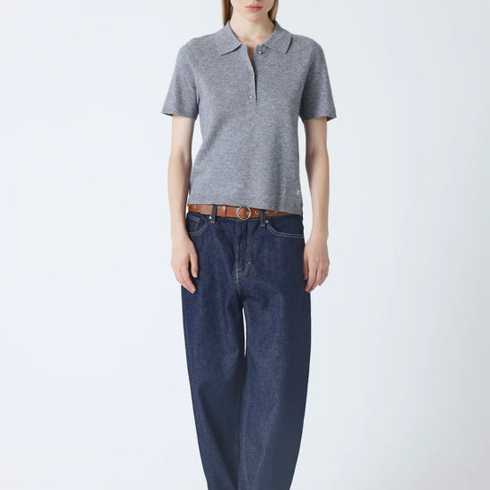 short sleeve grey cashmere knit with collar and rib detailing model shot