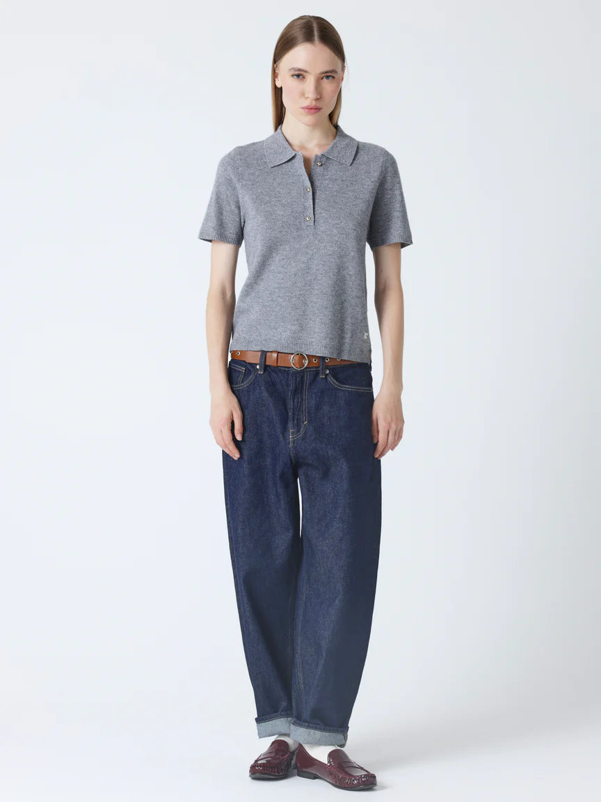 short sleeve grey cashmere knit with collar and rib detailing model shot