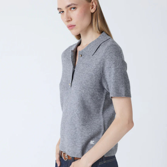 short sleeve grey cashmere knit with collar and rib detailing side view