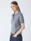 short sleeve grey cashmere knit with collar and rib detailing side view