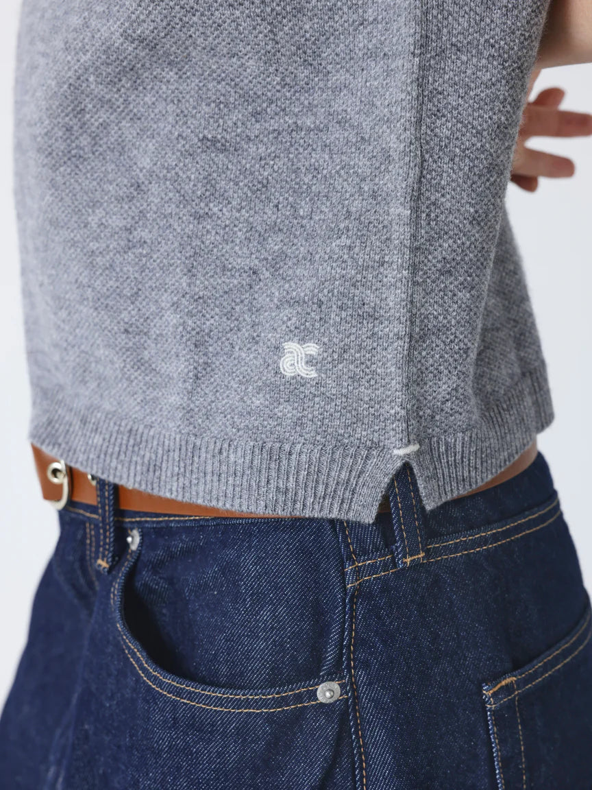 short sleeve grey cashmere knit with collar and rib detailing close up