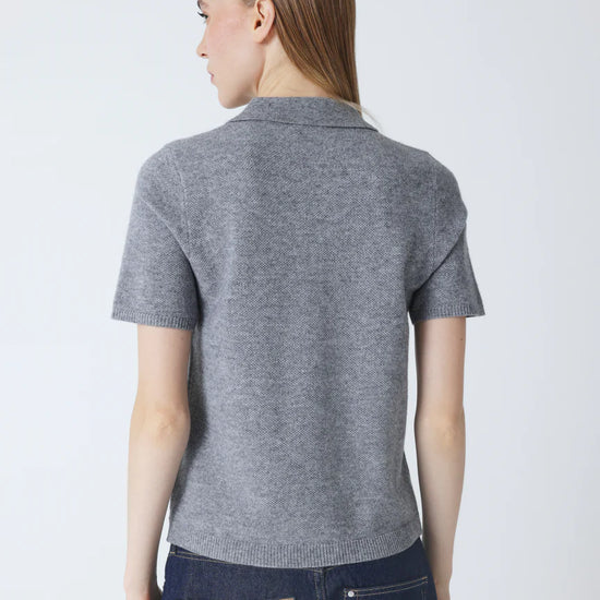 short sleeve grey cashmere knit with collar and rib detailing rear view