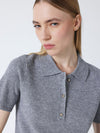 short sleeve grey cashmere knit with collar and rib detailing close up