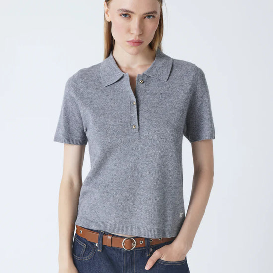 short sleeve grey cashmere knit with collar and rib detailing