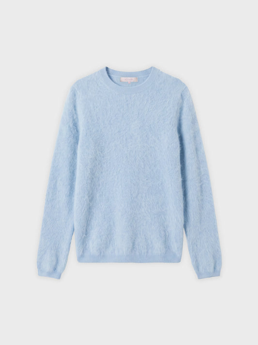 A light blue brushed cashmere crewneck sweater displayed flat against a light gray background.