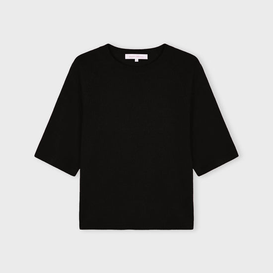 A black short-sleeve knit top with a crew neck, displayed flat against a light gray background.
