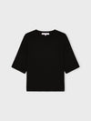 A black short-sleeve knit top with a crew neck, displayed flat against a light gray background.
