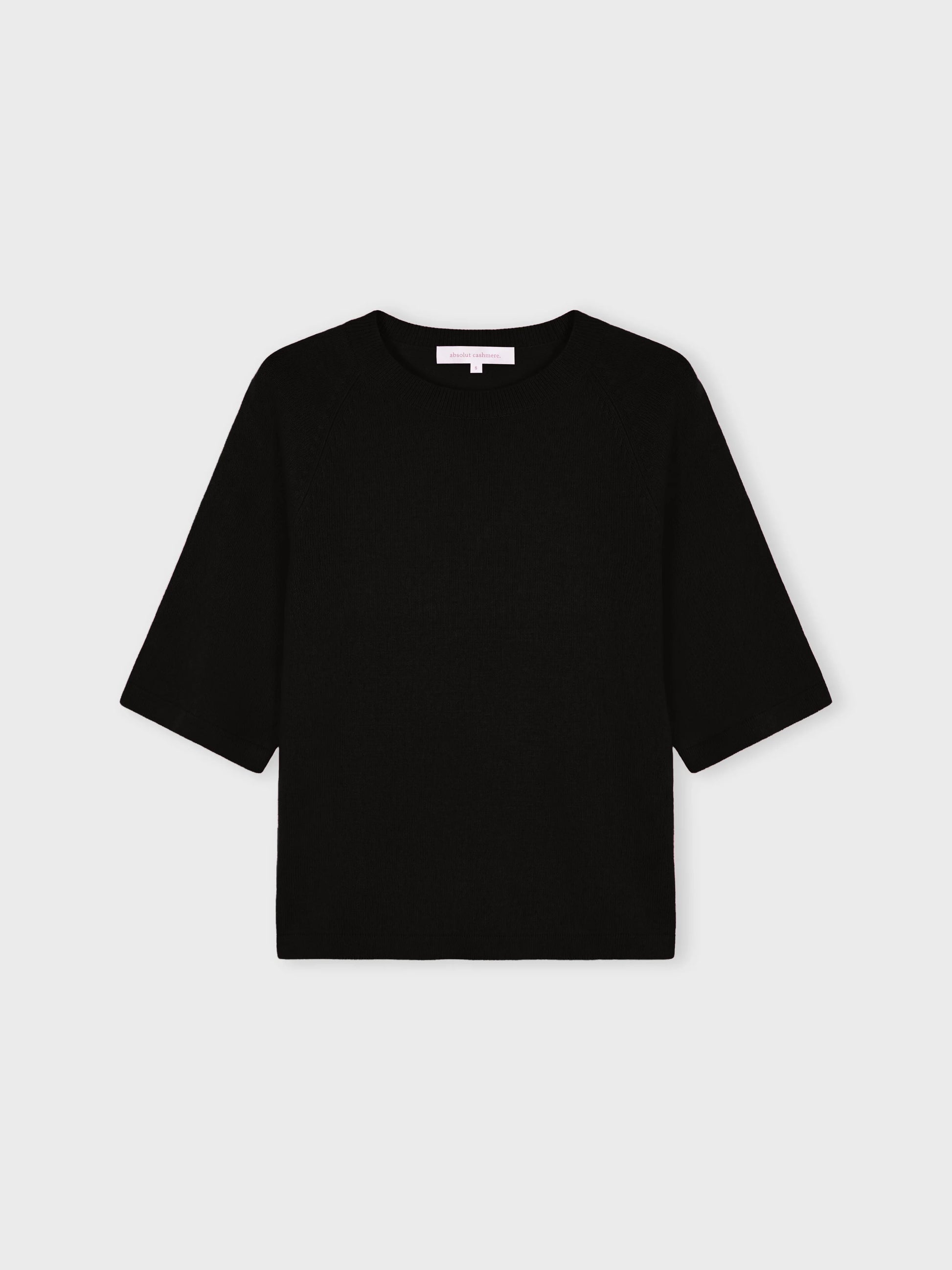 A black short-sleeve knit top with a crew neck, displayed flat against a light gray background.