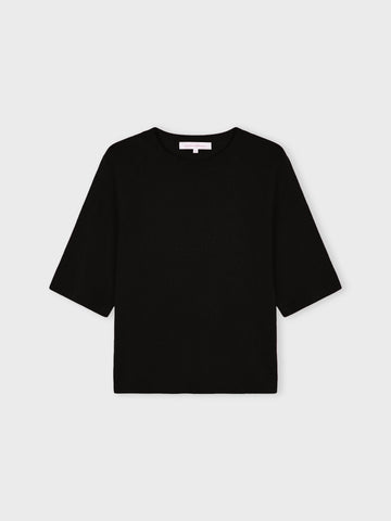 A black short-sleeve knit top with a crew neck, displayed flat against a light gray background.