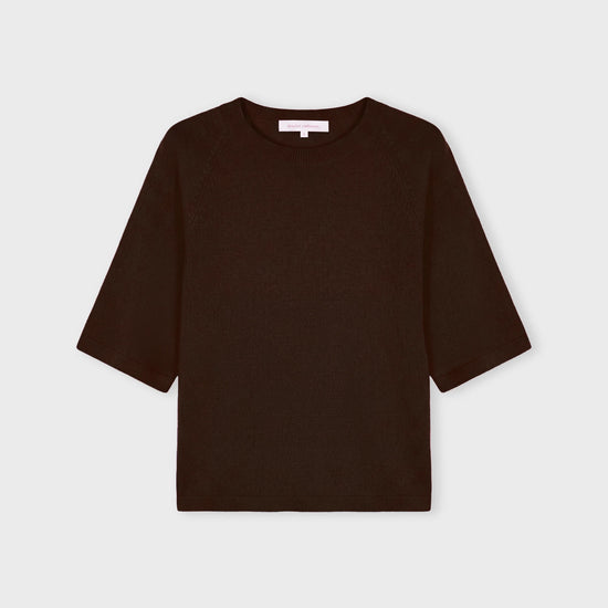 A dark brown short-sleeve knit top with a crew neck, displayed flat against a light gray background.
