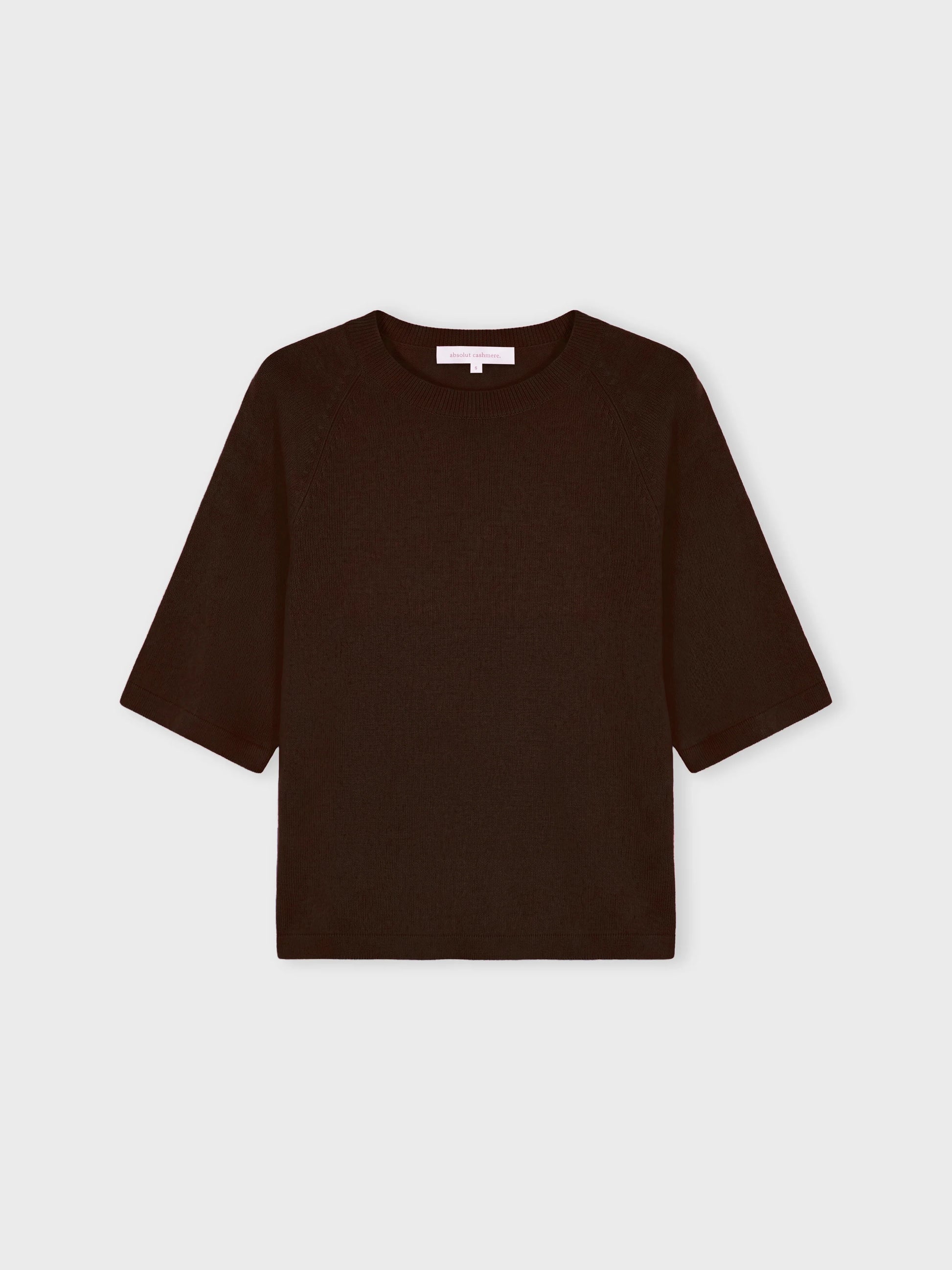 A dark brown short-sleeve knit top with a crew neck, displayed flat against a light gray background.