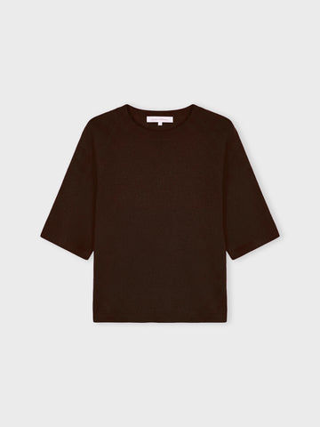 A dark brown short-sleeve knit top with a crew neck, displayed flat against a light gray background.