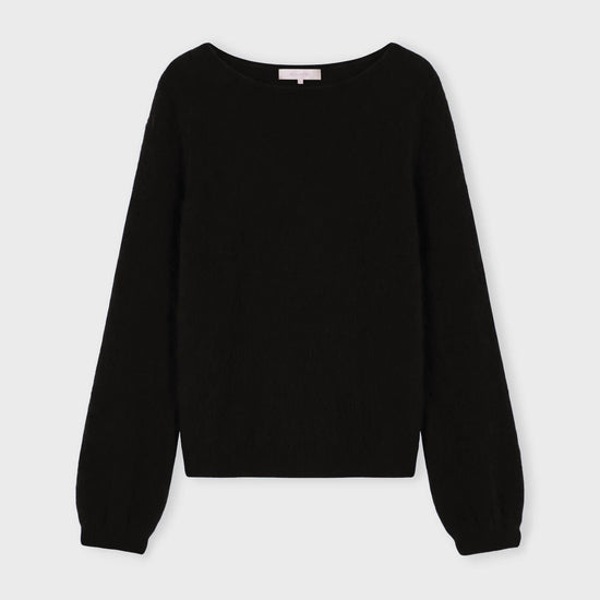A black long-sleeve knit sweater with a wide boat neckline and ribbed cuffs, displayed flat against a light gray background.