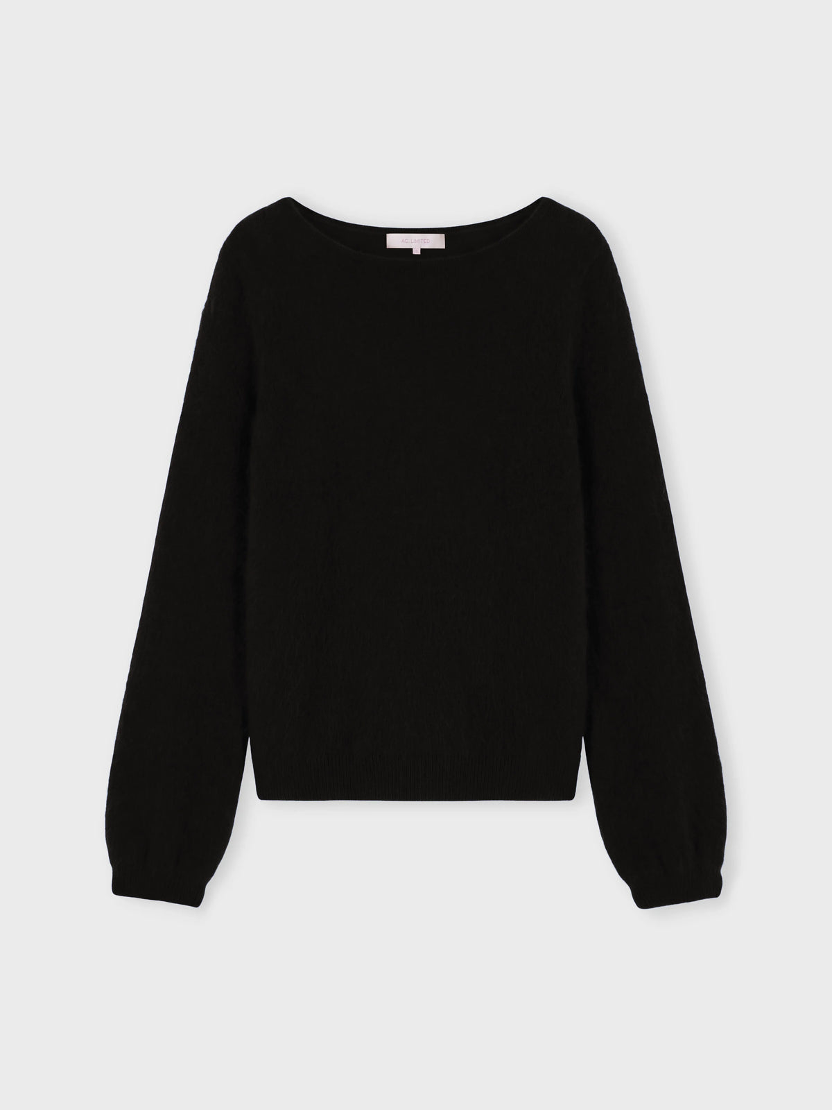 A black long-sleeve knit sweater with a wide boat neckline and ribbed cuffs, displayed flat against a light gray background.