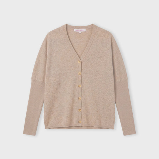 A light beige knit cardigan sweater with long sleeves and a button-up front, displayed flat against a light gray background.