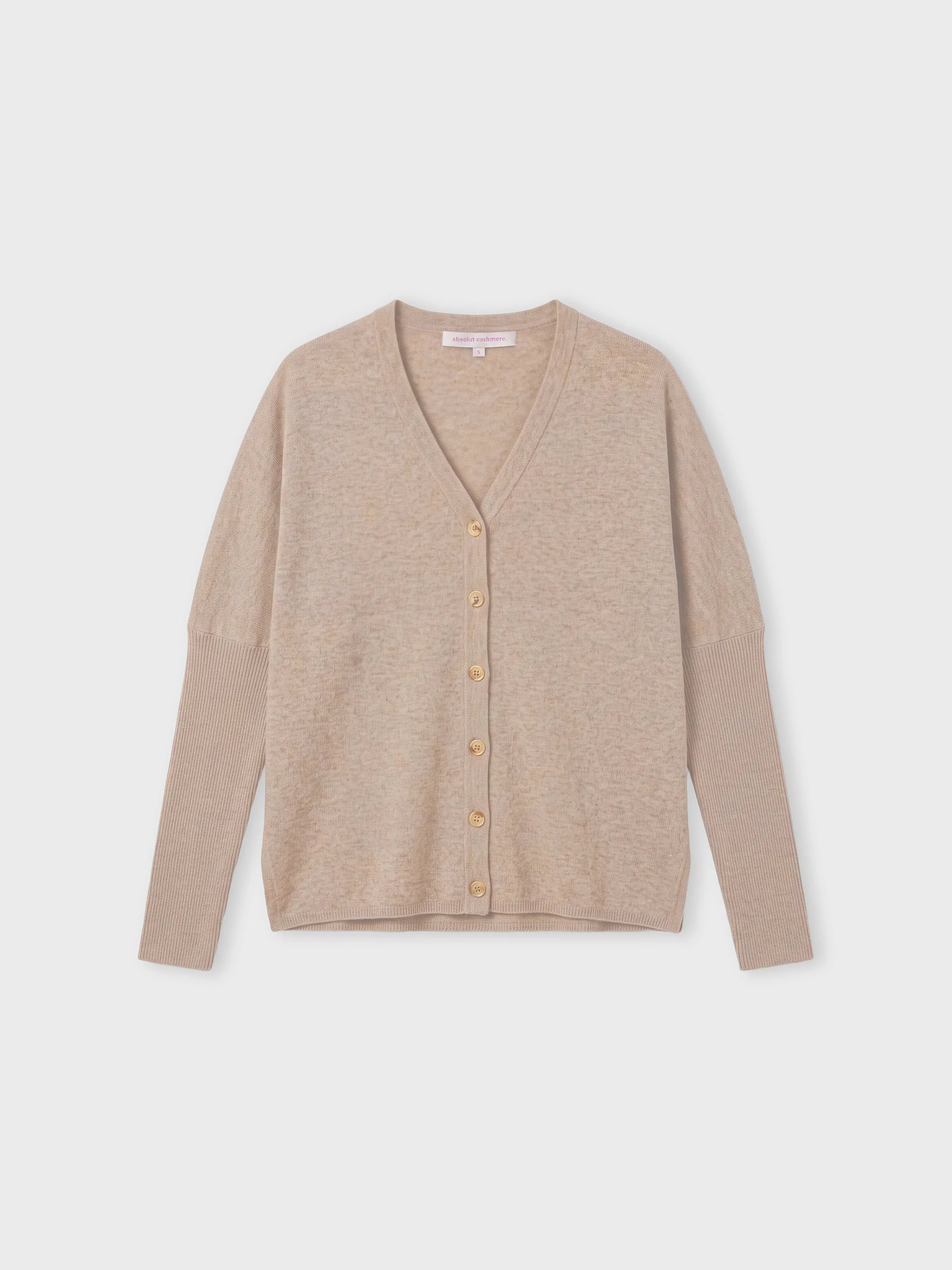 A light beige knit cardigan sweater with long sleeves and a button-up front, displayed flat against a light gray background.