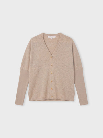 A light beige knit cardigan sweater with long sleeves and a button-up front, displayed flat against a light gray background.