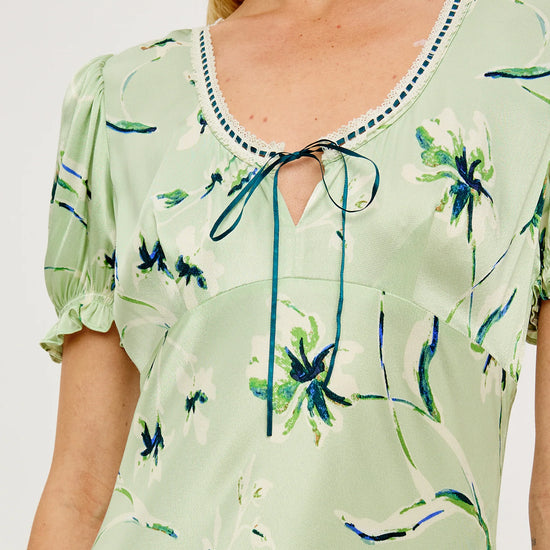 v neck short sleeve mint coloured dress with tie at bust and a flora; print from rails close up
