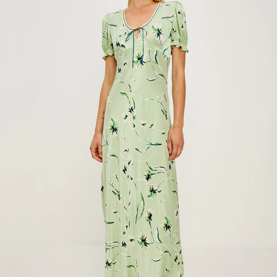 v neck short sleeve mint coloured dress with tie at bust and a flora; print from rails model