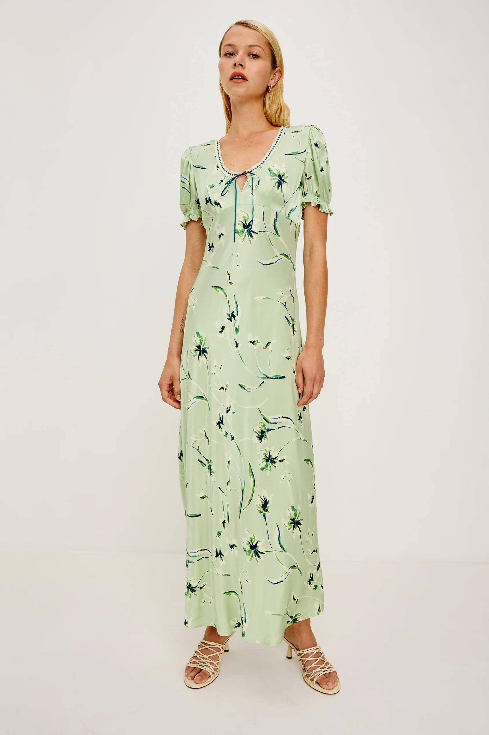 v neck short sleeve mint coloured dress with tie at bust and a flora; print from rails model