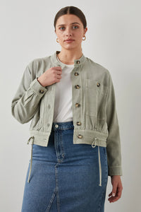 Light sage round neck jacket with drawstring waist and button fastening with large front patch pockets with button fasetening