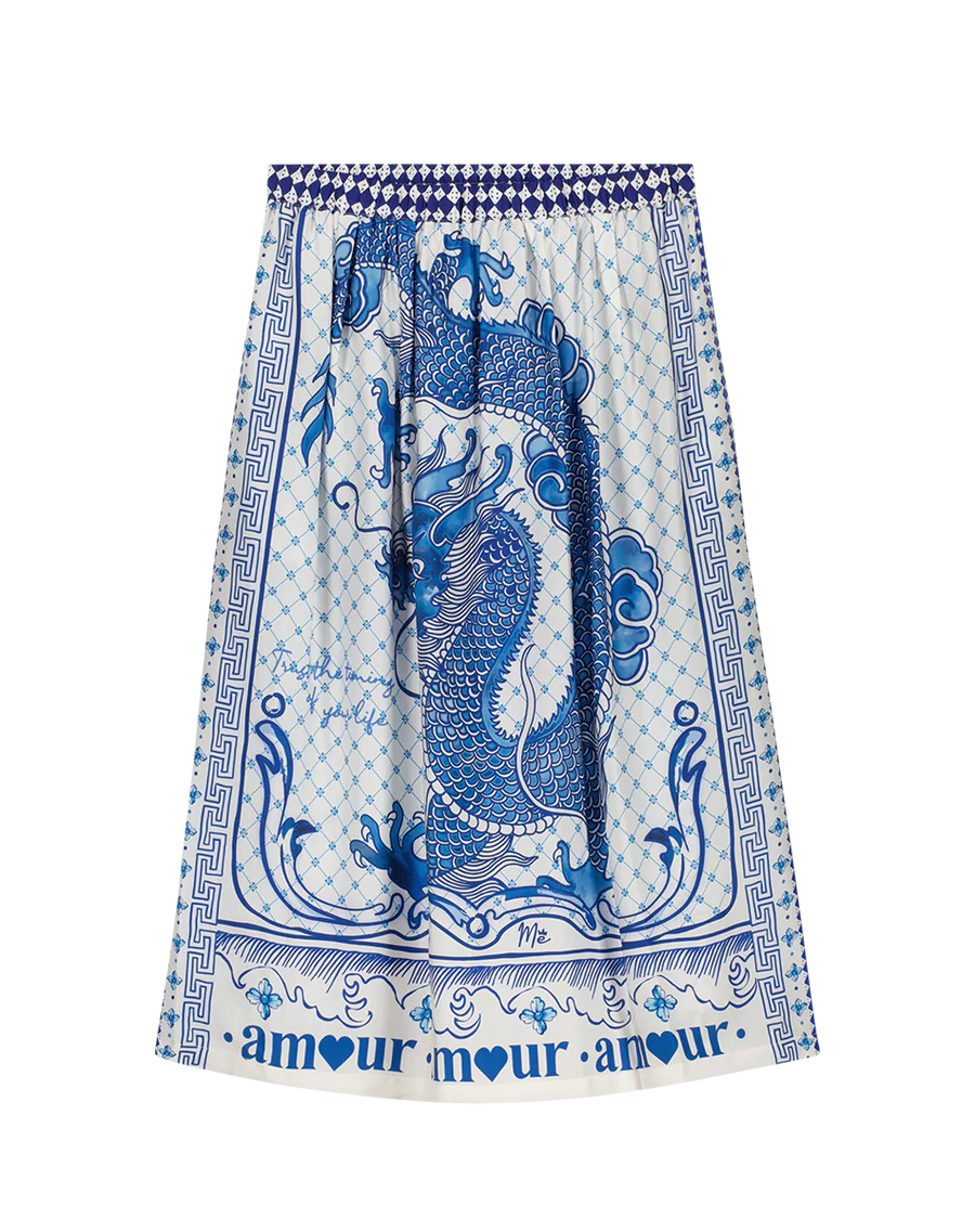 Blue and white dragon print satin like dress with elasticated waist