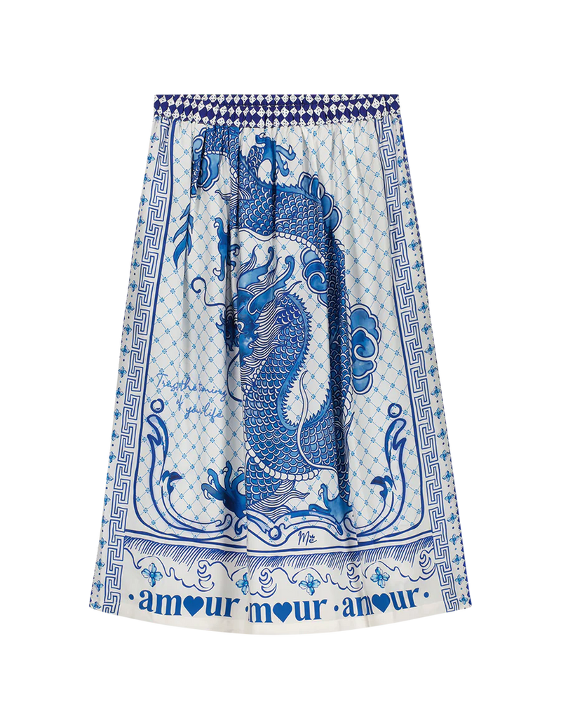 Blue and white dragon print satin like dress with elasticated waist