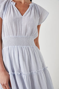 Pull on dress with short sleeves and a shirred waistband in a blue and white stripe