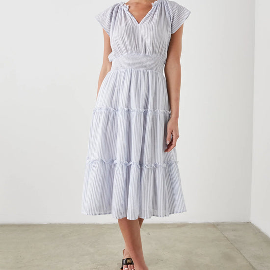 Pull on dress with short sleeves and a shirred waistband in a blue and white stripe